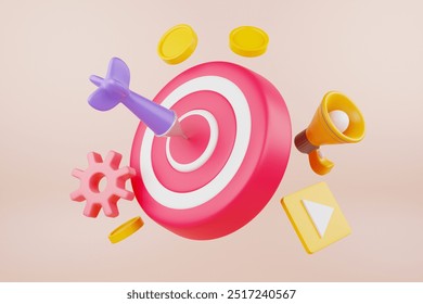 3D rendering, red target with arrows and gold coins around the icons.