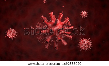 3D rendering of a red virus with tubes and tentacles on a red background. Illustration of the dangerous covid-19 coronavirus, drawing for advertising, medical banners, background images, screensavers