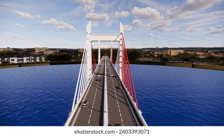 3d rendering red and white cable-stayed bridge