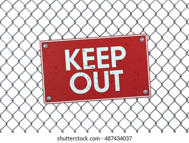 3d Rendering Red And White Keep Out Sign On A Chain Link Fence