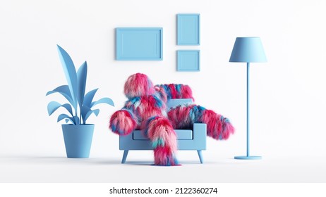 3d Rendering, Relaxed Furry Cartoon Character Monster Sits In Armchair Inside The Living Room. Hairy Beast Inside The Dollhouse Interior