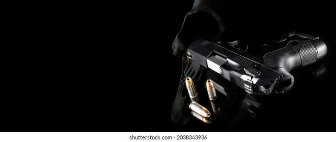 3D Rendering To Represent Ghost Guns With A Handgun And Skull And Bullets With Copy Space