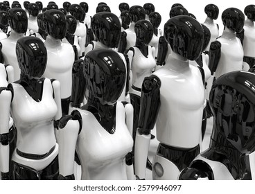 3D rendering representing a group of humanoid robots waiting to be delivered