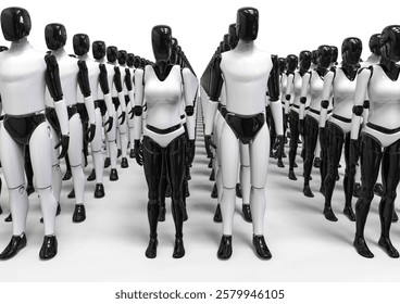 3D rendering representing a group of humanoid robots waiting to be delivered