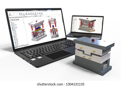 3D rendering representing an plastic injection mold development with the help of the 3d software and computer