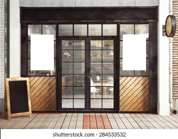 3d Rendering Of Restaurant Facade With Posters