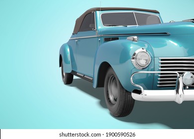 3d rendering of retro blue car with roof with leather on blue background with shadow