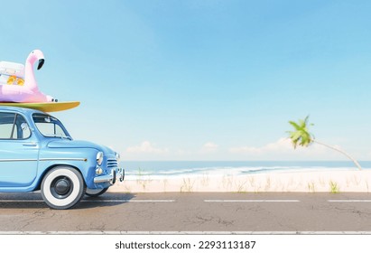 3D rendering of retro car with surfboard and inflatable flamingo tube on roof parked on asphalt road near sandy beach washed by foamy sea against cloudless blue sky