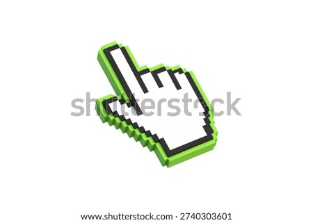 3d rendering of a retro gaming hand cursor with a lime green voxel border, shown in an isometric layout on a clean white background.