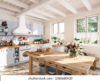 3D RENDERING. retro kitchen in a cottage with sleeping cat.