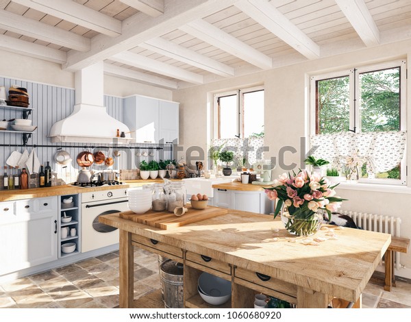 3D RENDERING. retro kitchen in a cottage with\
sleeping cat.