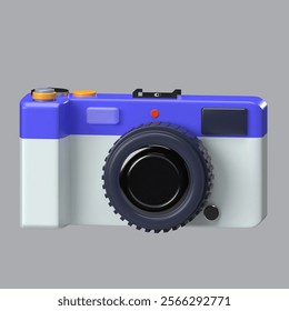3D rendering of a retro-style camera with blue and orange accents.
