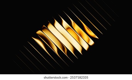 3d rendering of ribbed glass effect. Abstract geometric minimalist background of distorted gold ribbons with reflections