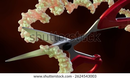 A 3d rendering of RNA molecule and a pair of scissors. The concept of "molecular scissors" of precise cutting and manipulation of molecular biology.