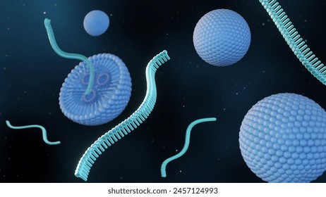 3d rendering of RNA strands or small interfering RNA or siRNA, mRNA or CRISPR delivery mediated by lipid-based nanoparticles 