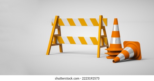 3D rendering of road barrier and traffic cones, under construction symbol.