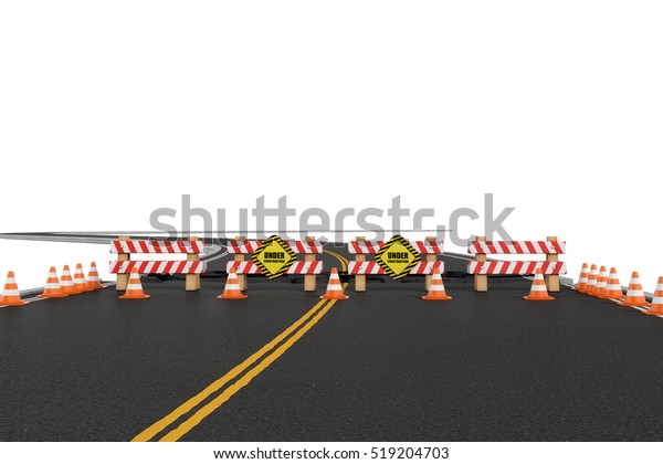 3d rendering of a road closed with the barriers,\
traffic cones, and caution signs due to roadworks diversion.\
Asphalting and concreting. Road repair service. Under construction.\
Construction site.