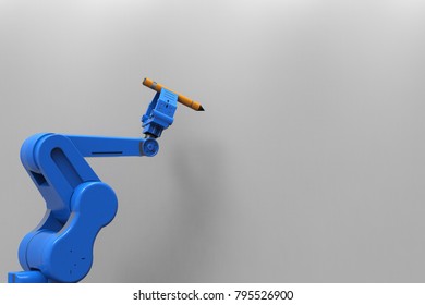 3d Rendering Robot Arm Holding Pen With Blank Wall