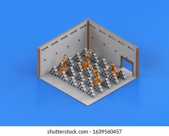 3d Rendering Robot Arm Working With Roll Steel Isometric