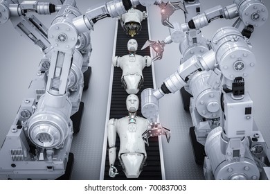 3d Rendering Robot Assembly Line Producing Cyborg In Factory