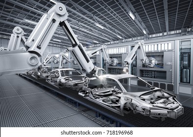 3d rendering robot assembly line in car factory