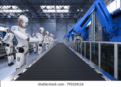 3d rendering robot assembly line with robot arms and cyborgs