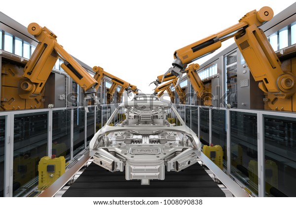 3d\
rendering robot assembly line in car\
factory\
