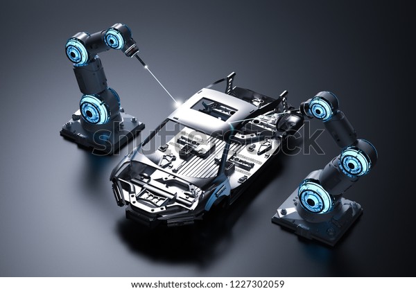 3d rendering robot assembly line in car\
factory on black\
background