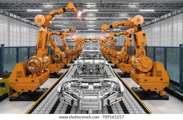 3d rendering\
robot assembly line in car\
factory
