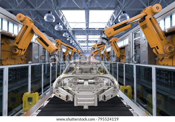 3d Rendering Robot Assembly Line Car Stock Illustration