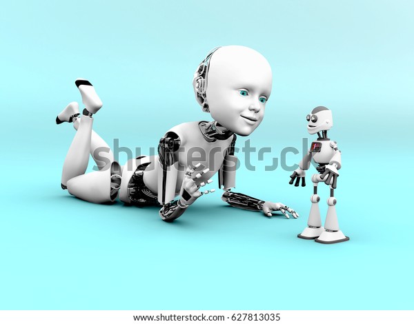 ロボットの子供が床に倒れ おもちゃのロボットで遊ぶ3dレンダリング 青い背景 のイラスト素材