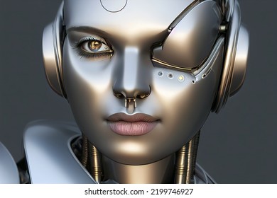 3D Rendering Robot Female Metal Face Closeup Portrait