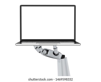 3d rendering robot hand holding blank screen computer notebook