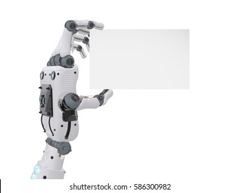 3d Rendering Robot Hand Holding Blank Business Card Isolated On White