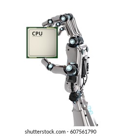 3d Rendering Robot Hand Holding Cpu Chip Or Microchip