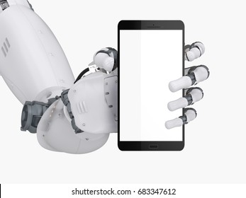 3D-Rendering-Roboter Hand, die leere Bildschirm Handy einzeln auf Weiß hält