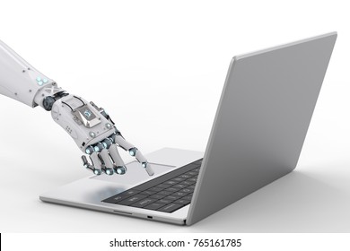 3d Rendering Robot Hand Working With Computer Notebook