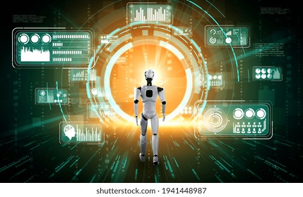 3D rendering robot humanoid analyzing big data using AI thinking brain and machine learning process in concept of the 4th fourth industrial revolution .