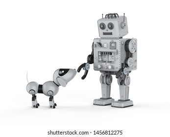 3d rendering robot tin toy with dog robot on white background