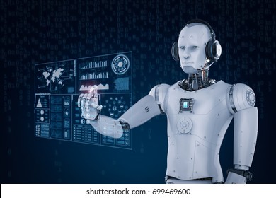 3d rendering robot wearing headset and working with virtual display