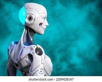 3D Rendering Of An Robot Woman Posing With Her Back Against The Camera, Gazing Out In The Turquoise Space.