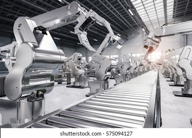 3d Rendering Robotic Arm With Conveyor Line