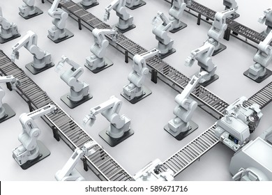 3d Rendering Robotic Arm With Conveyor Line