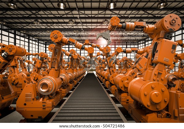 3d Rendering Robotic Arms Empty Conveyor Stock Illustration