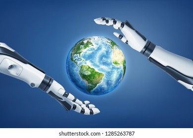 3d rendering of robotic hands around earth on blue background. Science and technology. Ecology and environment. Environmental protection.