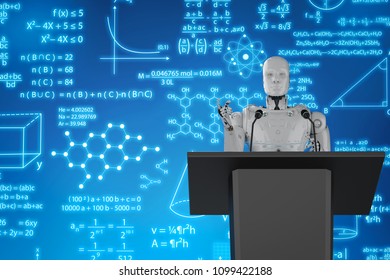 3d rendering robotic lecturer teaching on podium with display monitor