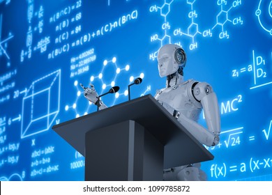 3d rendering robotic lecturer teaching on podium with display monitor