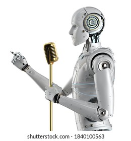 3d rendering robotic public speaker speaking with microphone 