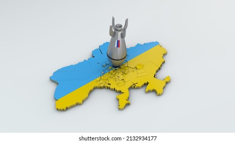 3d rendering of a rocket with a Russian flag hitting the map of Ukraine with the color of the flag of Ukraine. The idea of an armed conflict, Russia's attack on Ukraine.
