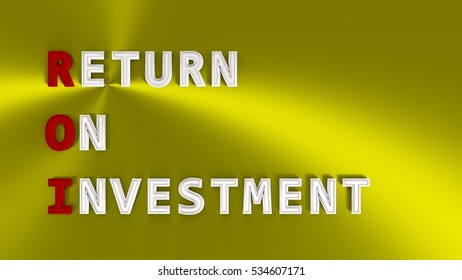 3D rendering of the ROI acronym. Metallic words on yellow background with golden and silver letters.